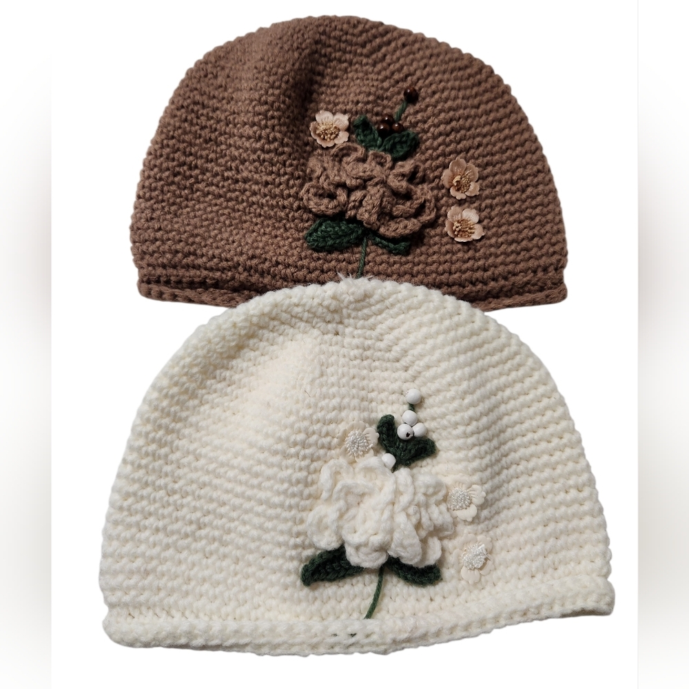 TWO Knit Beanies with Floral Bead Design Like New!